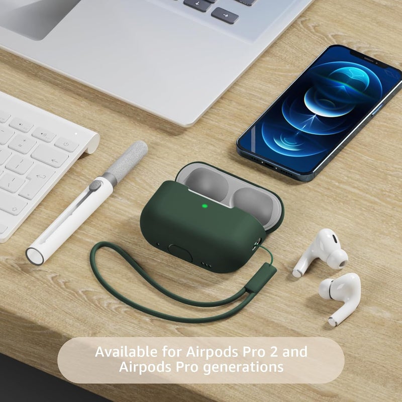 Tandoler حافظة متوافقة مع Airpods Pro 2، غلاف واقي من السيليكون الناعم مع مجموعة تنظيف وحبل حمل متوافق مع AirPod Pro الجيل الثاني، LED أمامي مرئي - أخضر زيتوني - Image 2